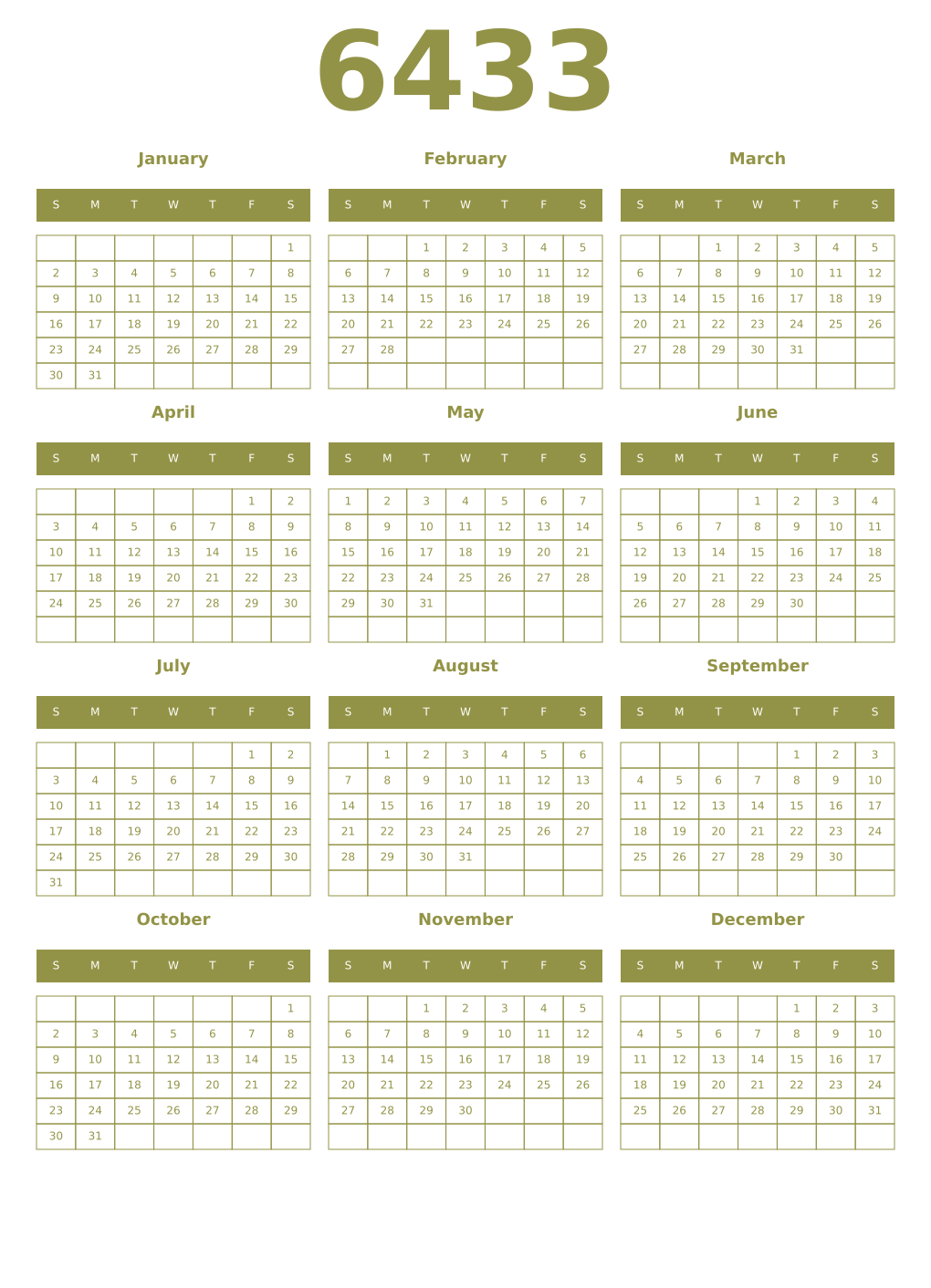 Printable 6433 Year Calendars eburnean