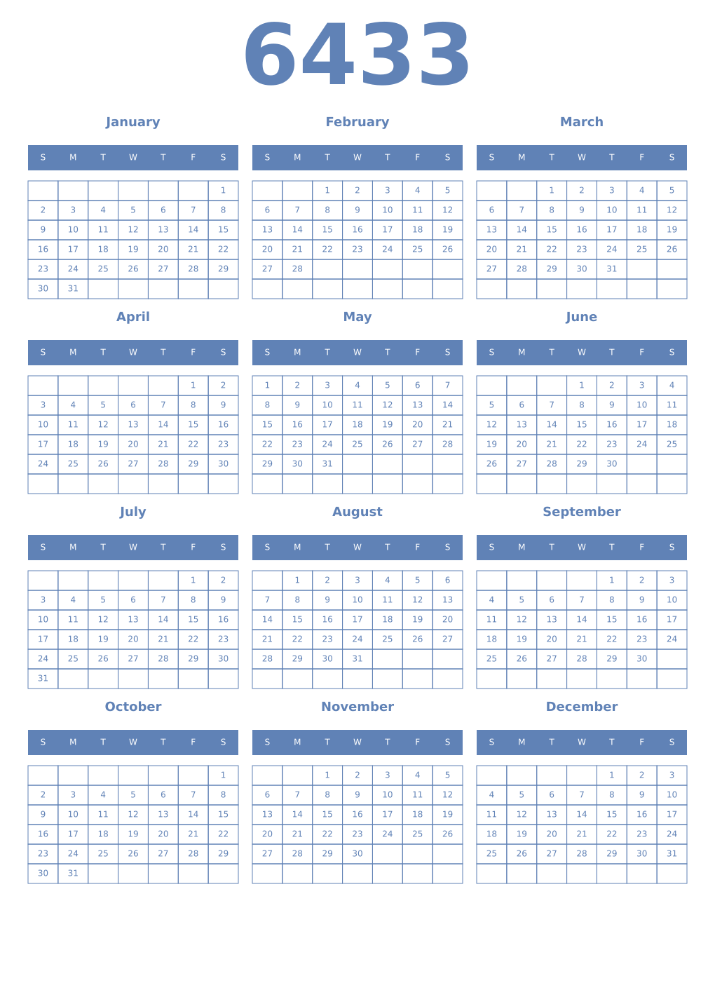 Printable 6433 Year Calendars glaucous