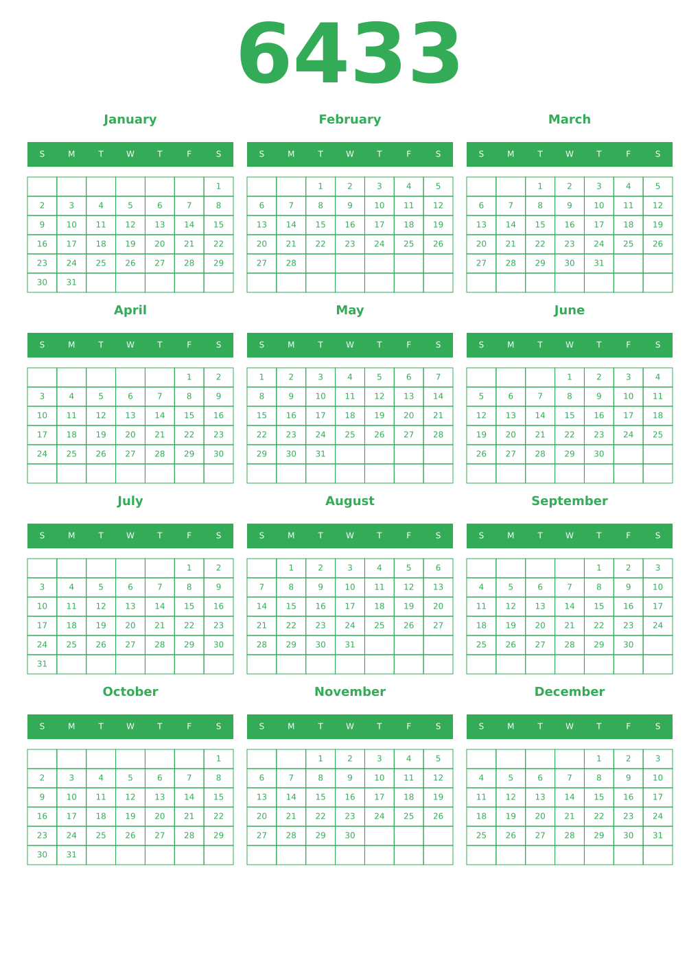 Printable 6433 Year Calendars green