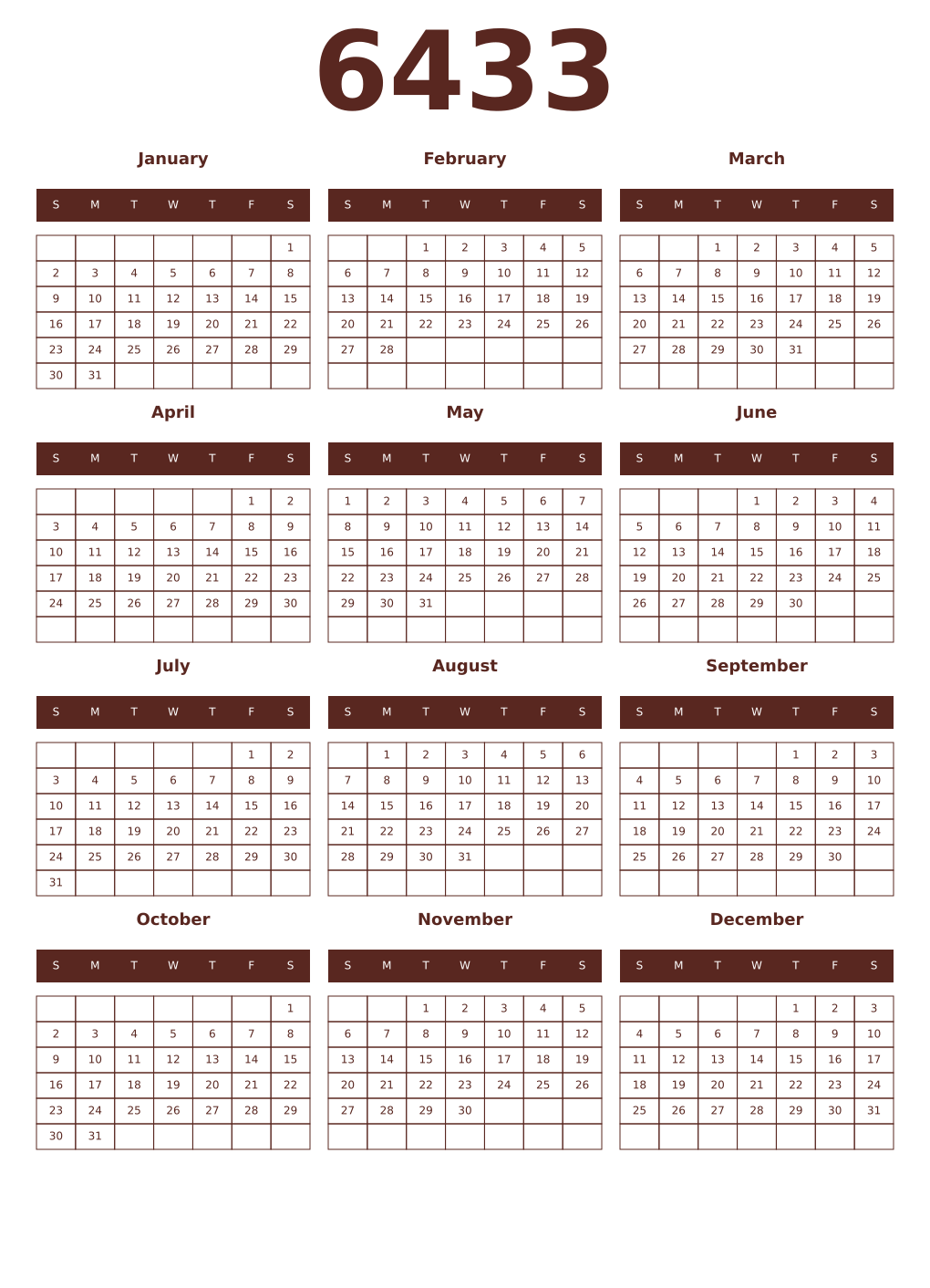 Printable 6433 Year Calendars mortuum
