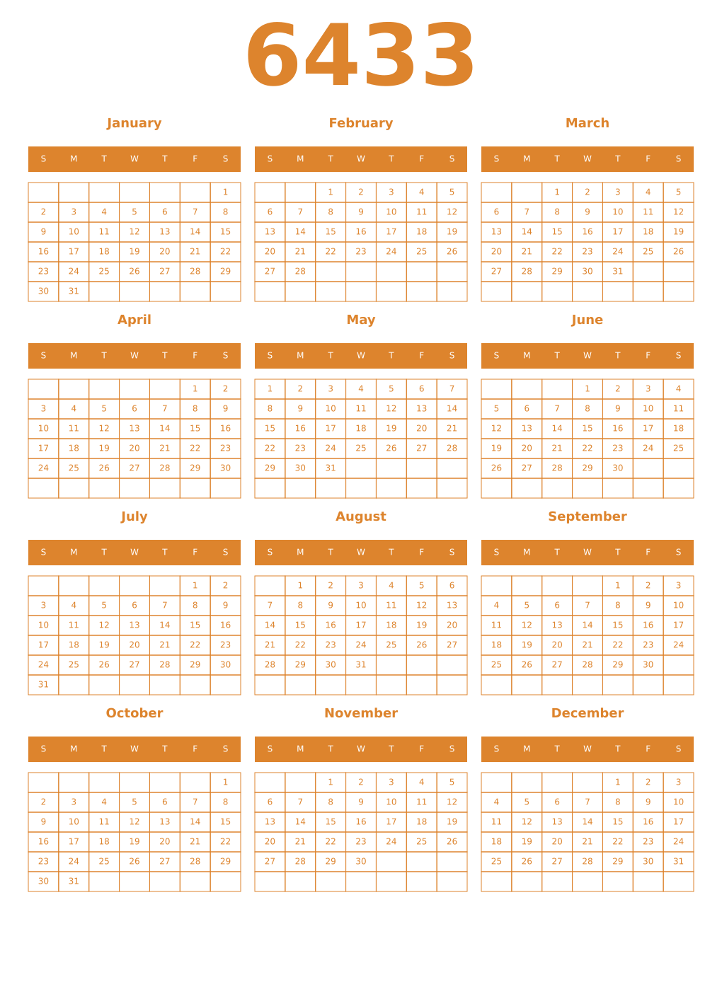 Printable 6433 Year Calendars orange