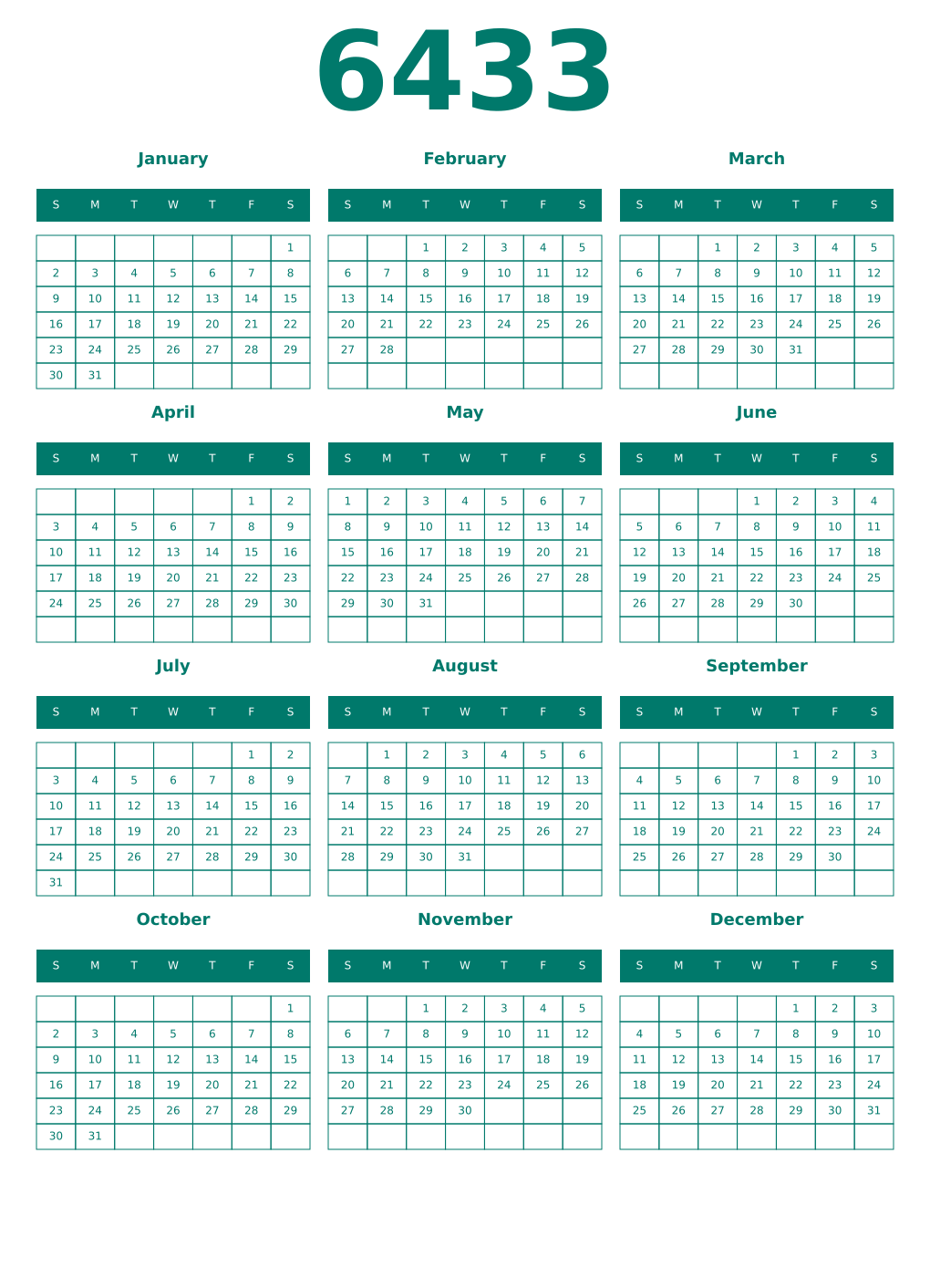Printable 6433 Year Calendars pastel