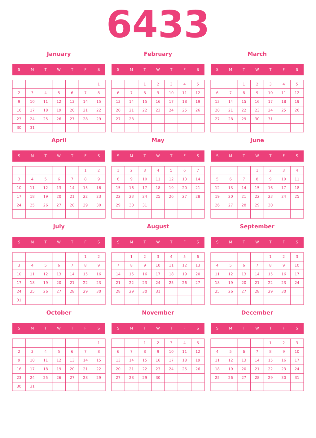 Printable 6433 Year Calendars pink