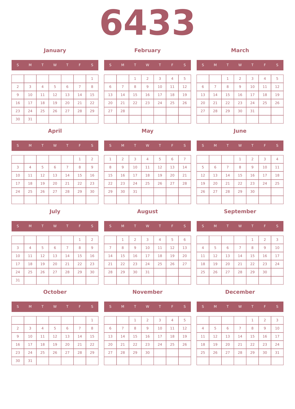 Printable 6433 Year Calendars puce