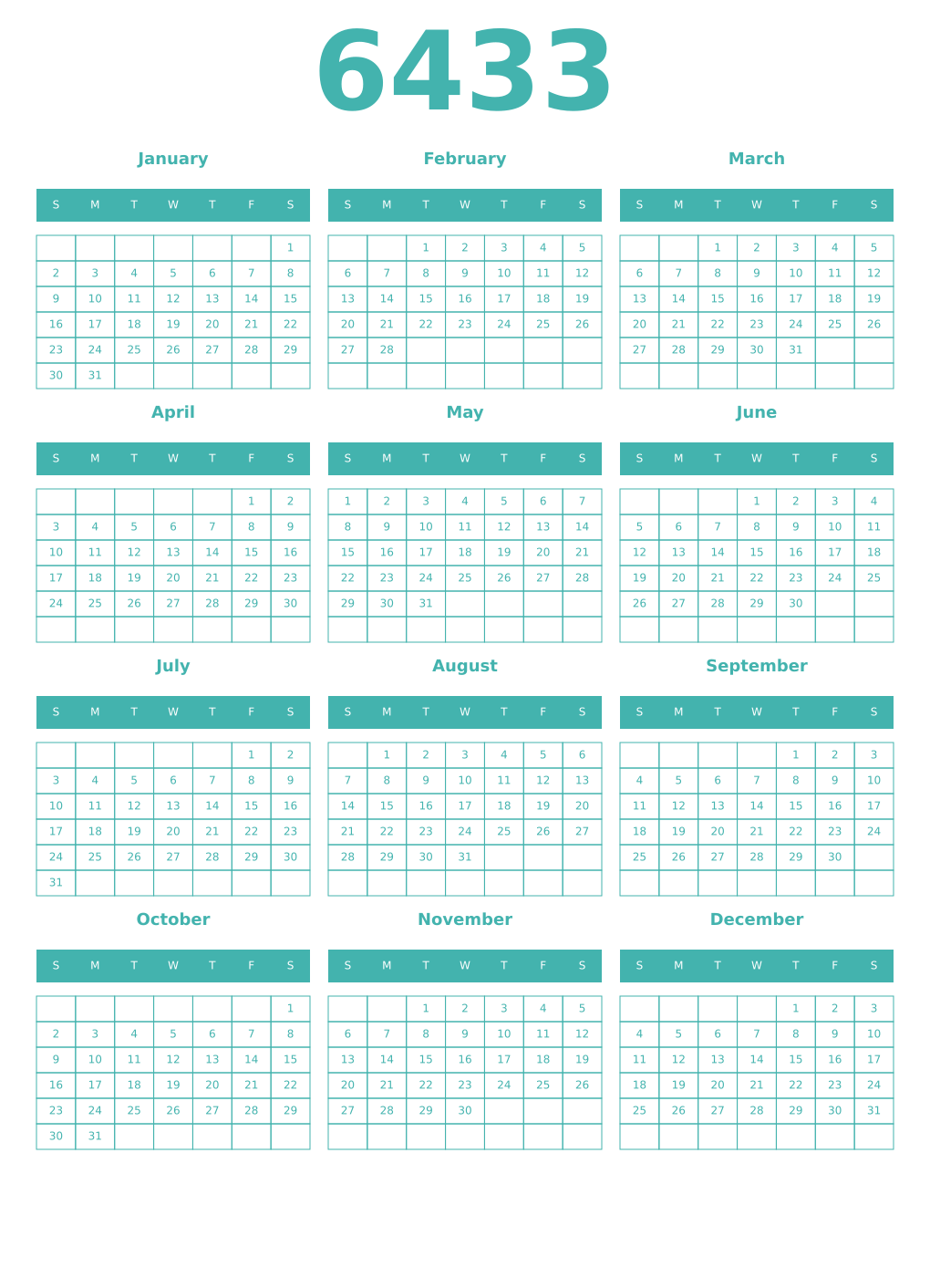 Printable 6433 Year Calendars verdigris