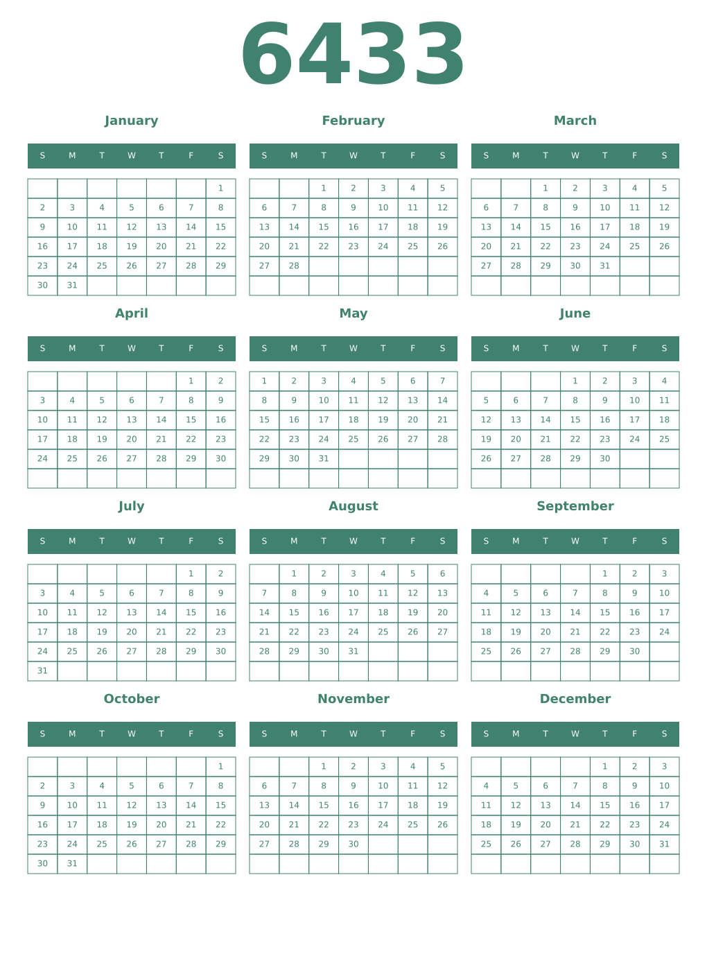 Printable 6433 Year Calendars viridian