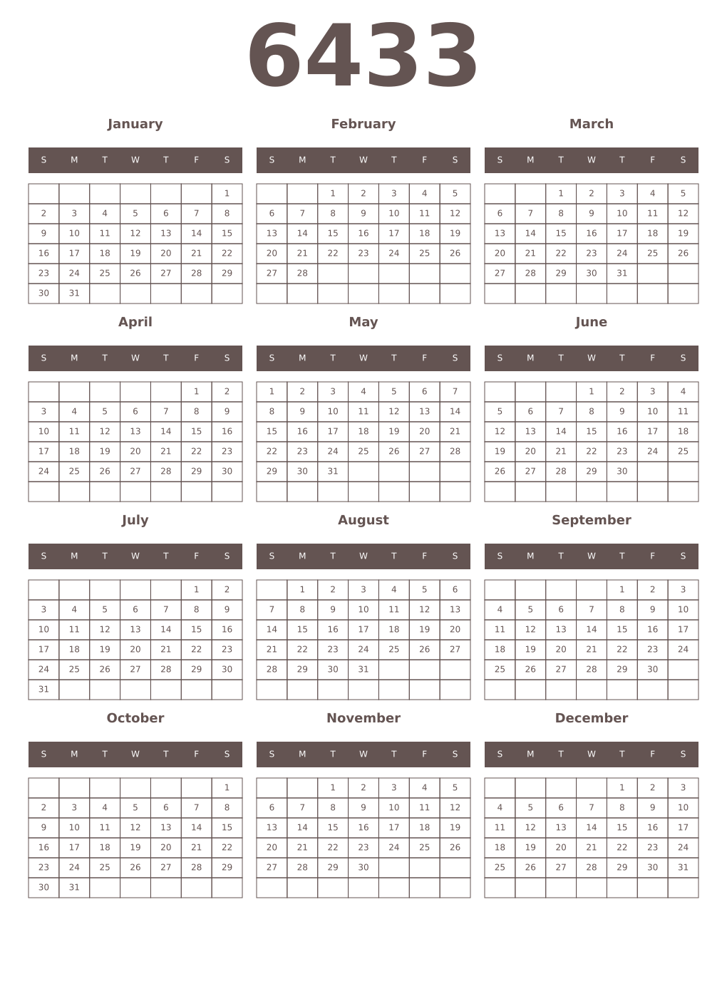 Printable 6433 Year Calendars wenge