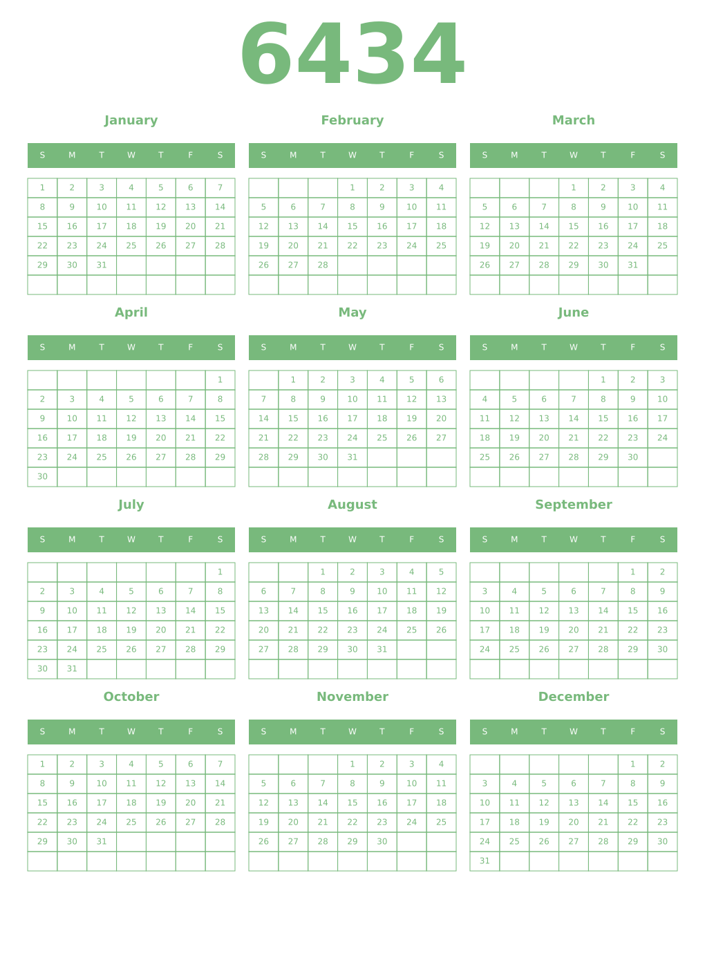 Printable 6434 Year Calendars celadon