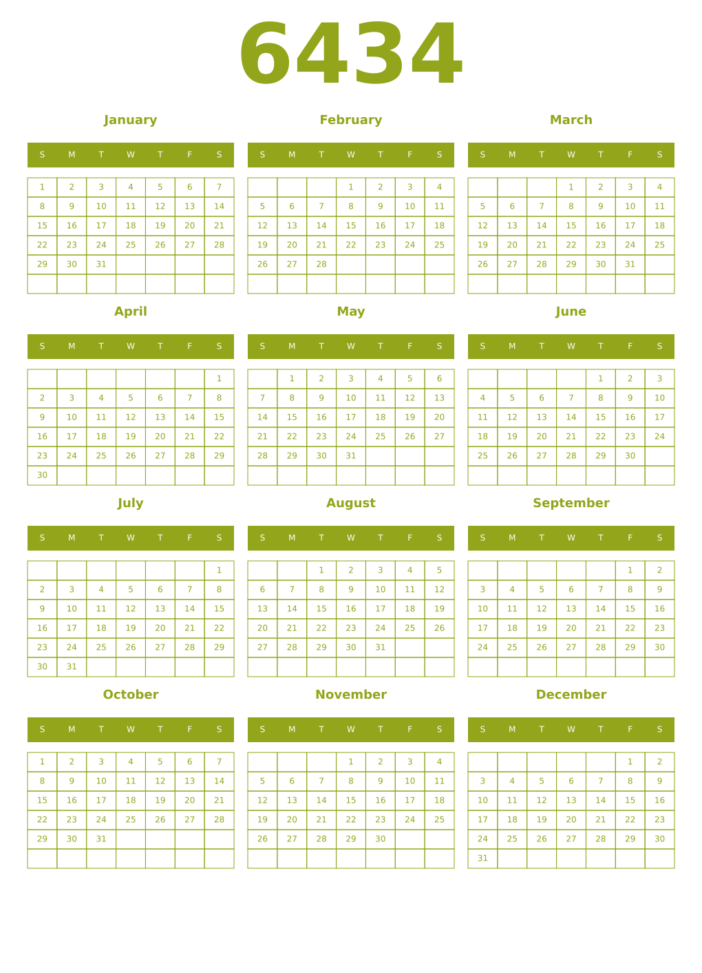 Printable 6434 Year Calendars chartreuse