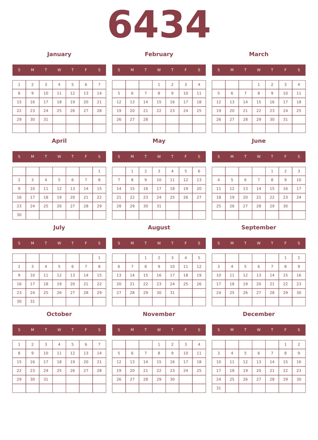 Printable 6434 Year Calendars cordovan