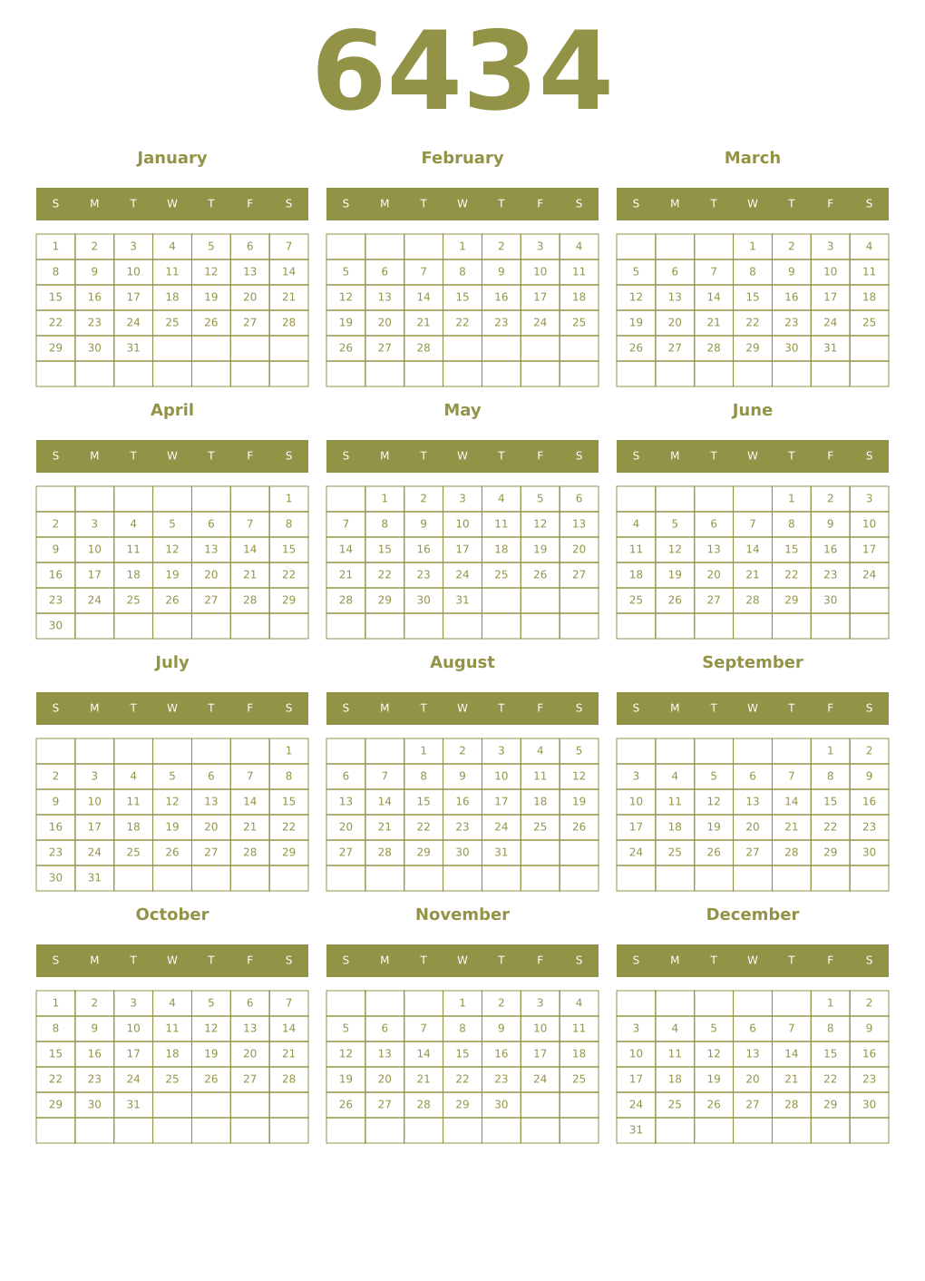 Printable 6434 Year Calendars eburnean