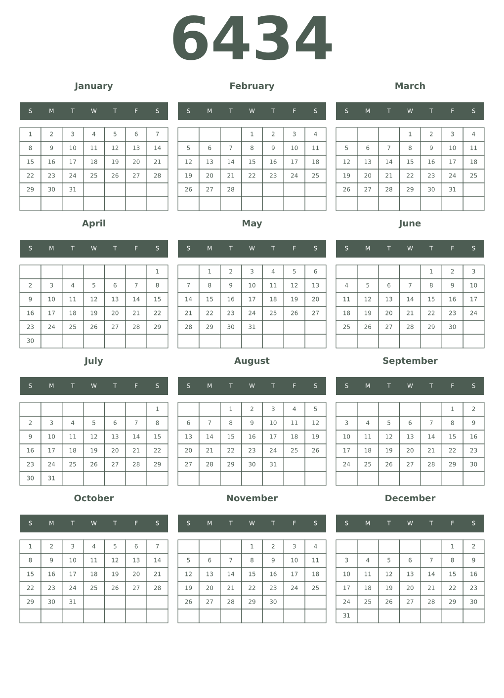 Printable 6434 Year Calendars feldgrau