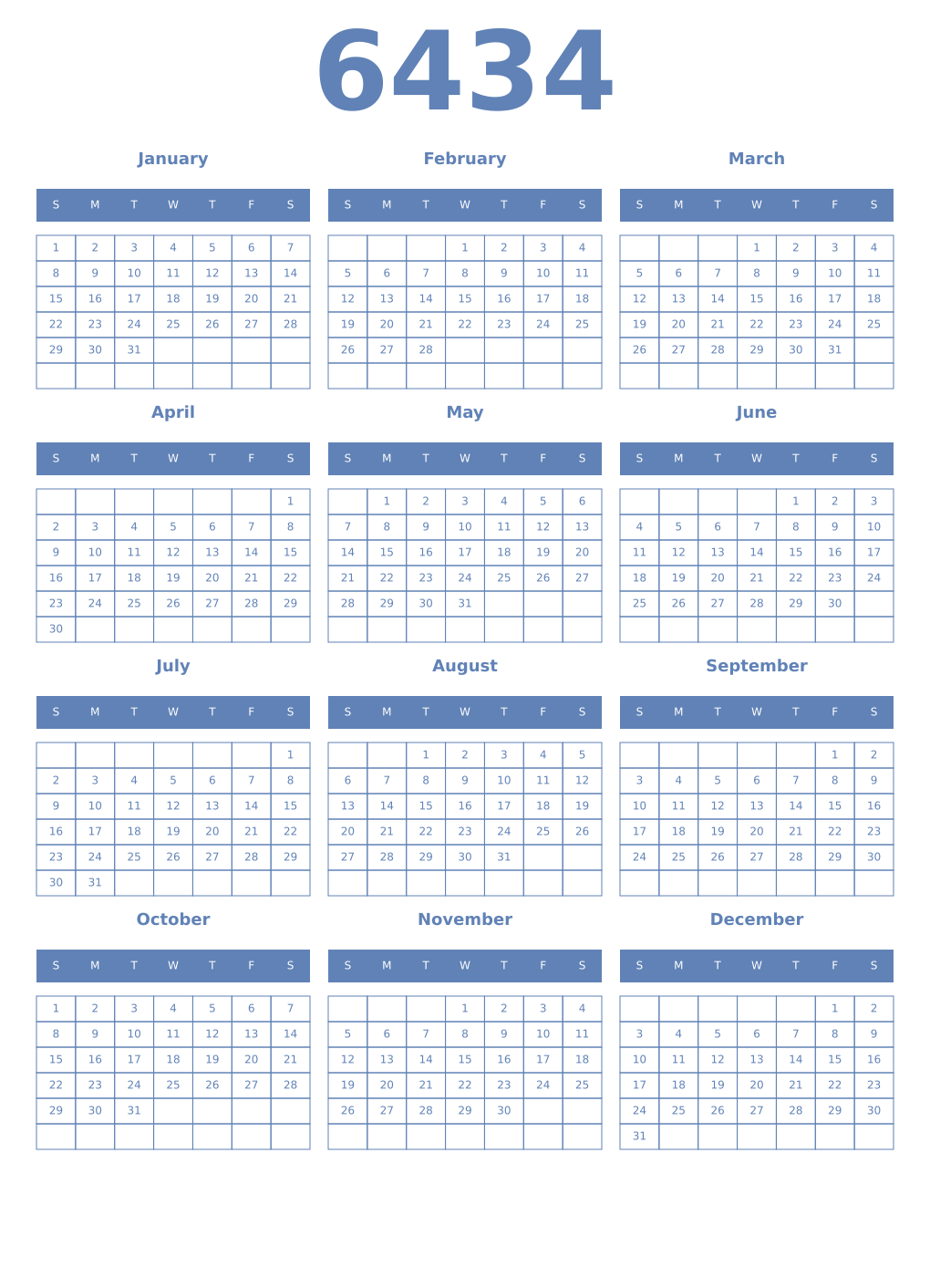 Printable 6434 Year Calendars glaucous
