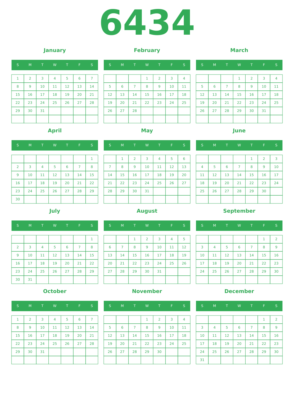 Printable 6434 Year Calendars green
