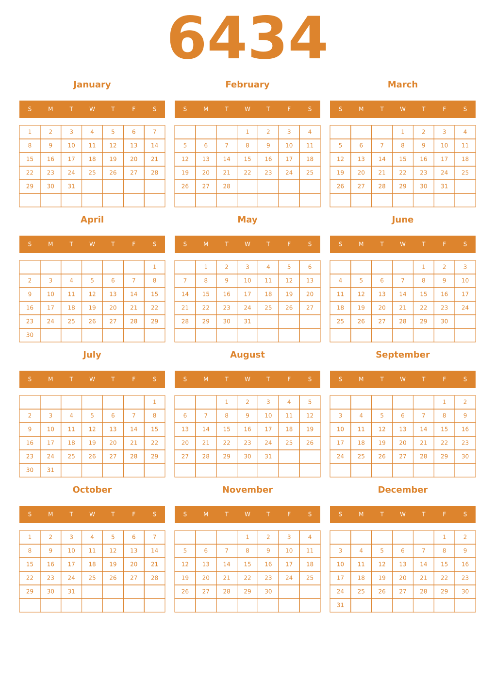 Printable 6434 Year Calendars orange