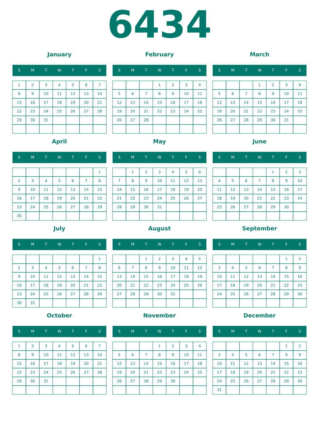 Printable 6434 Year Calendars pastel