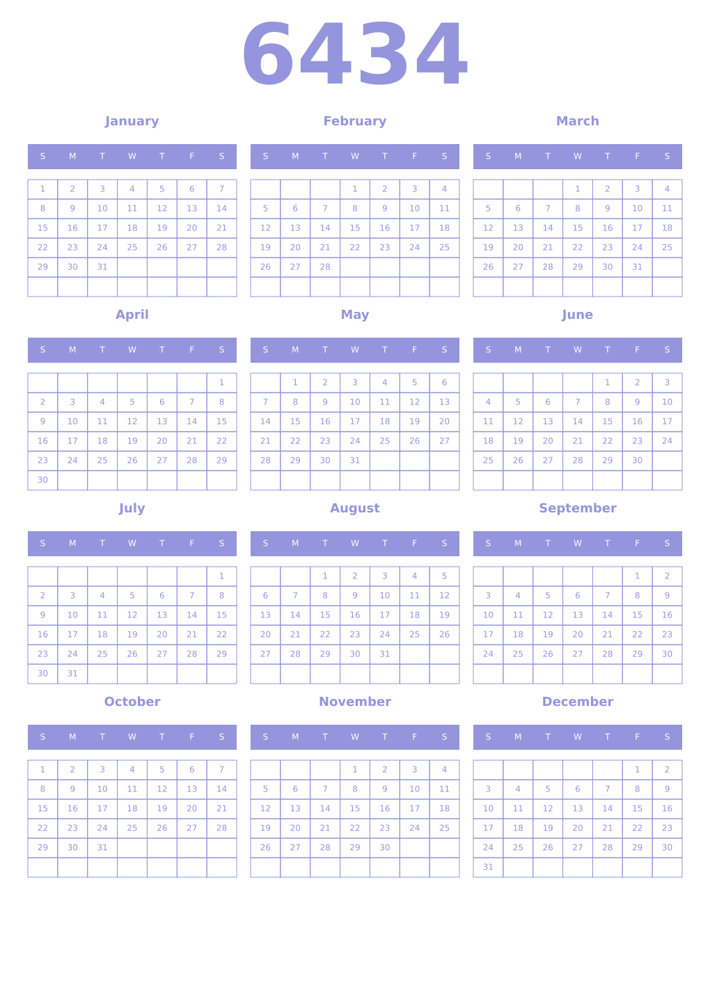Printable 6434 Year Calendars periwinkle
