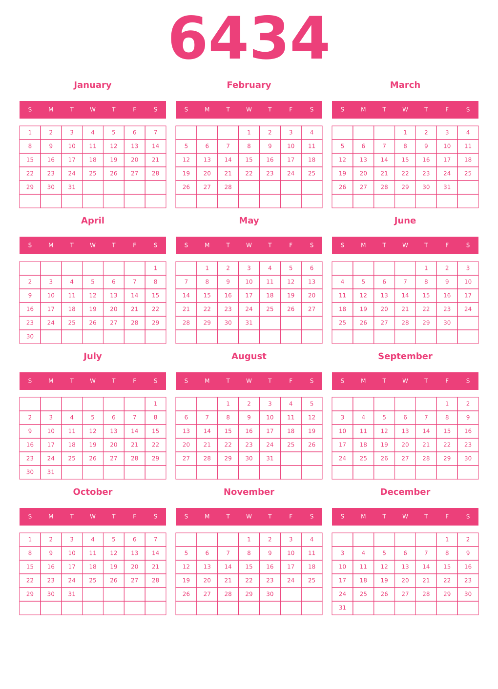 Printable 6434 Year Calendars pink