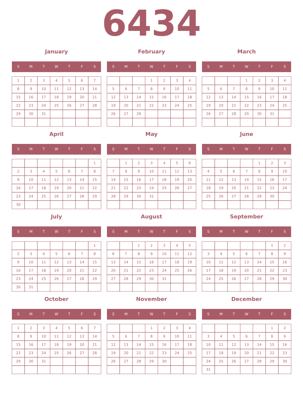 Printable 6434 Year Calendars puce