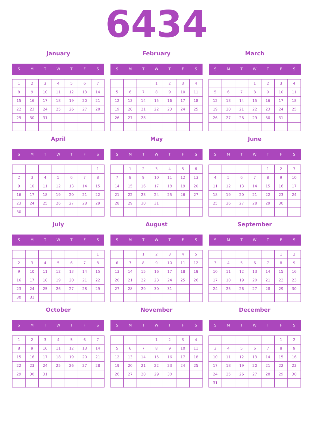 Printable 6434 Year Calendars purple