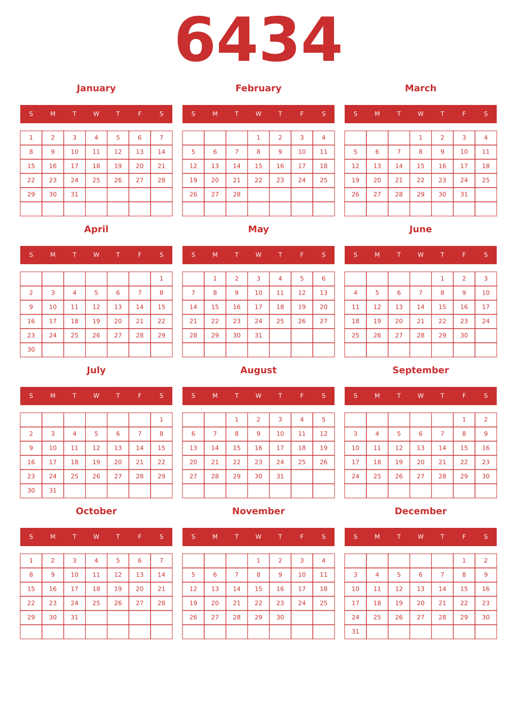 Printable 6434 Year Calendars red
