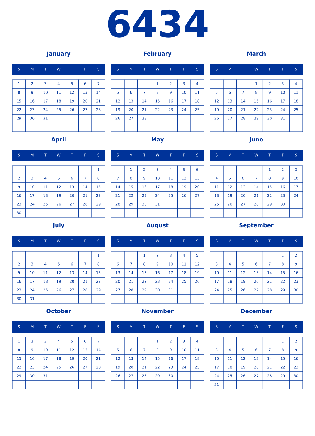 Printable 6434 Year Calendars smalt