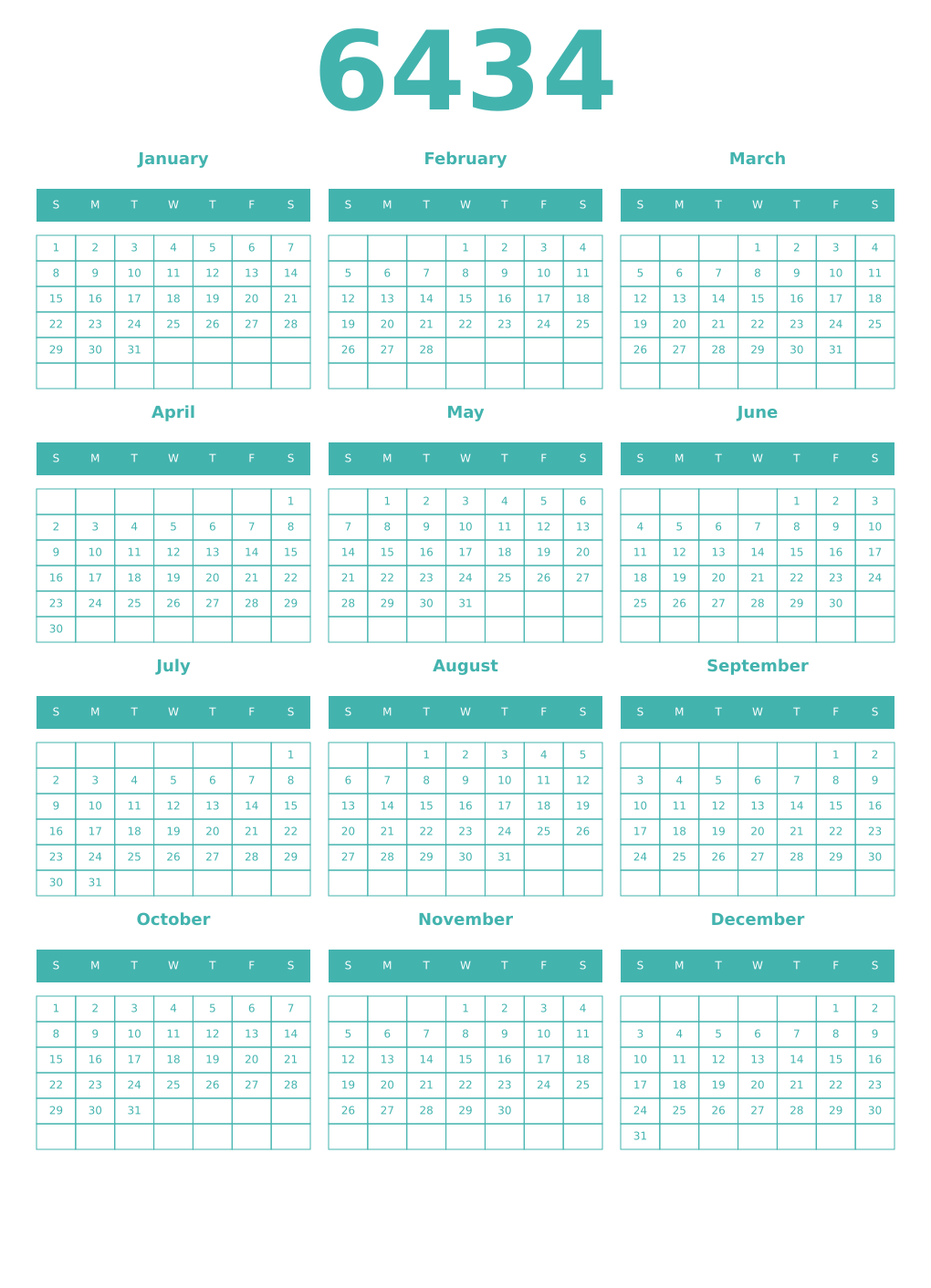 Printable 6434 Year Calendars verdigris