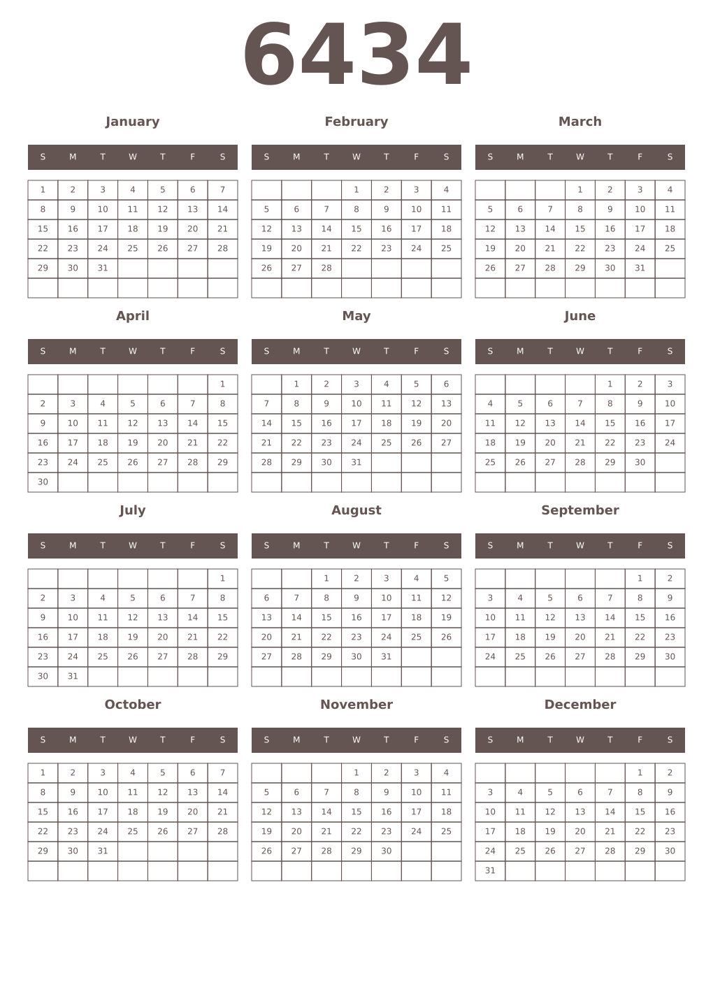 Printable 6434 Year Calendars wenge