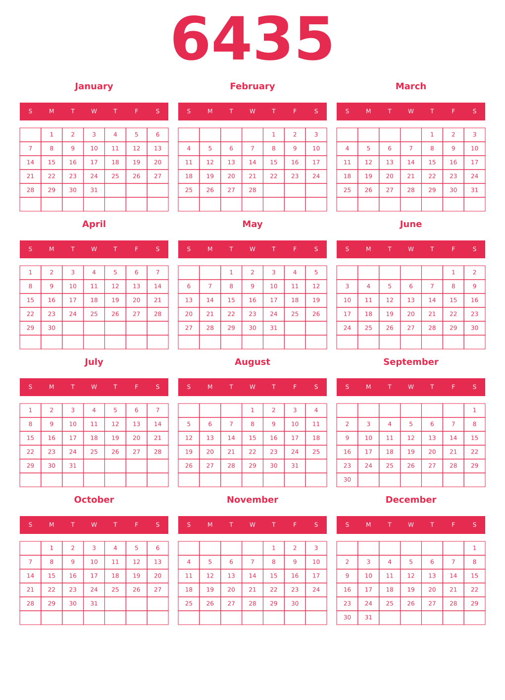 Printable 6435 Year Calendars amaranth