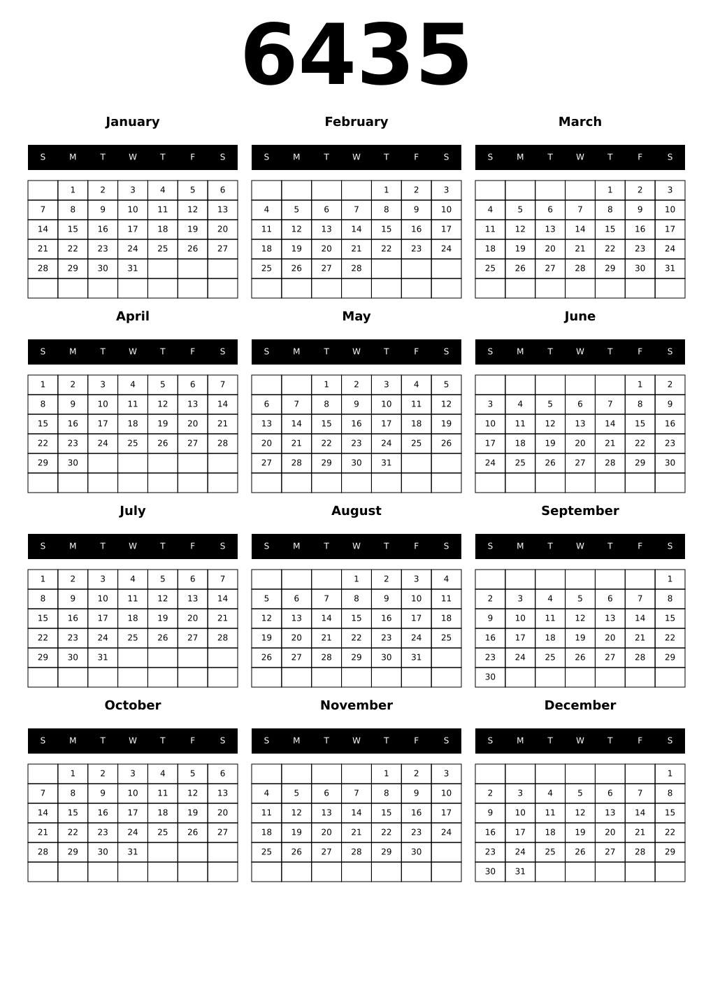 Printable 6435 Year Calendars black