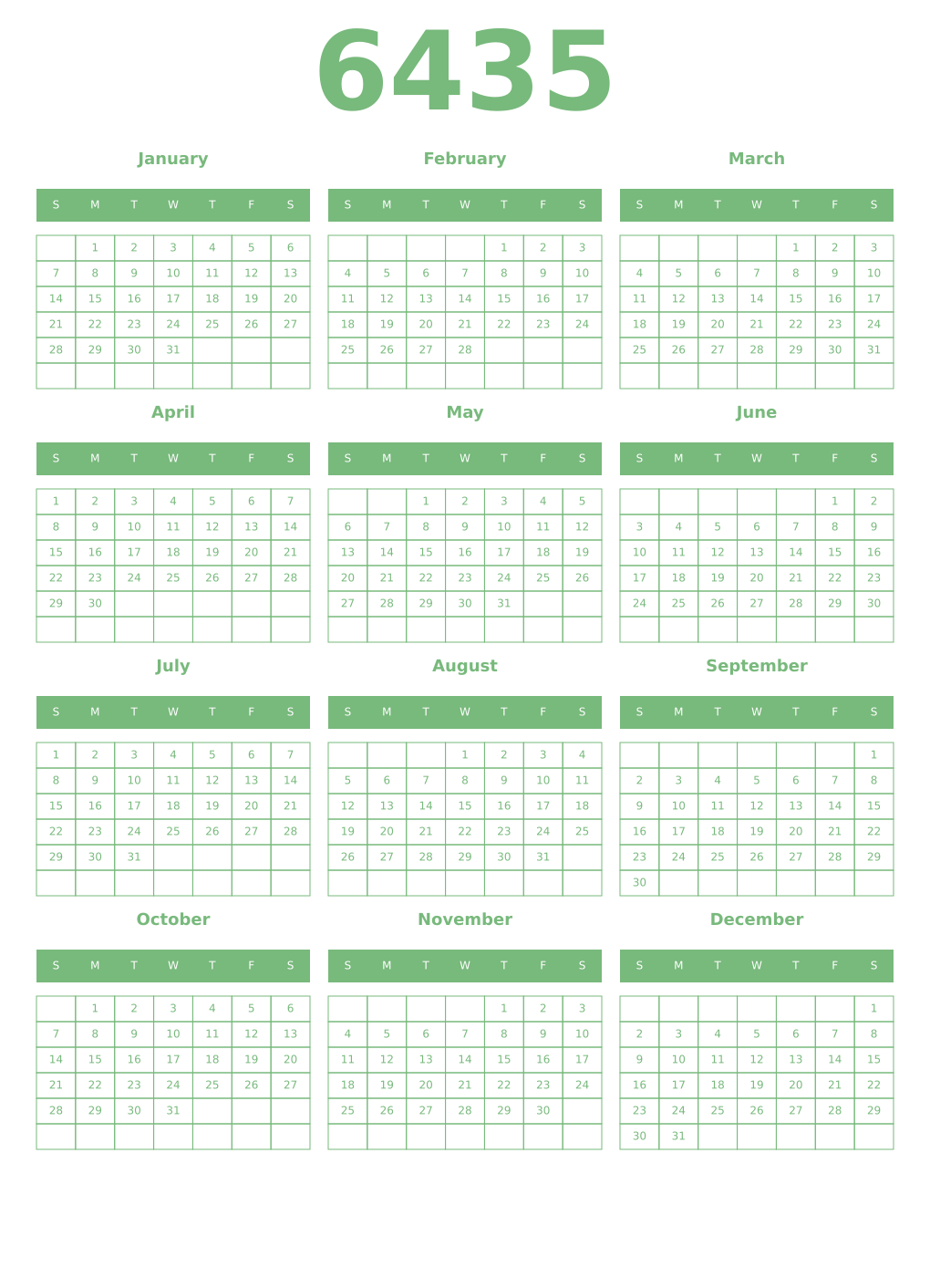 Printable 6435 Year Calendars celadon