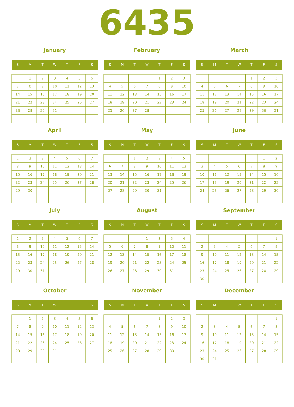 Printable 6435 Year Calendars chartreuse