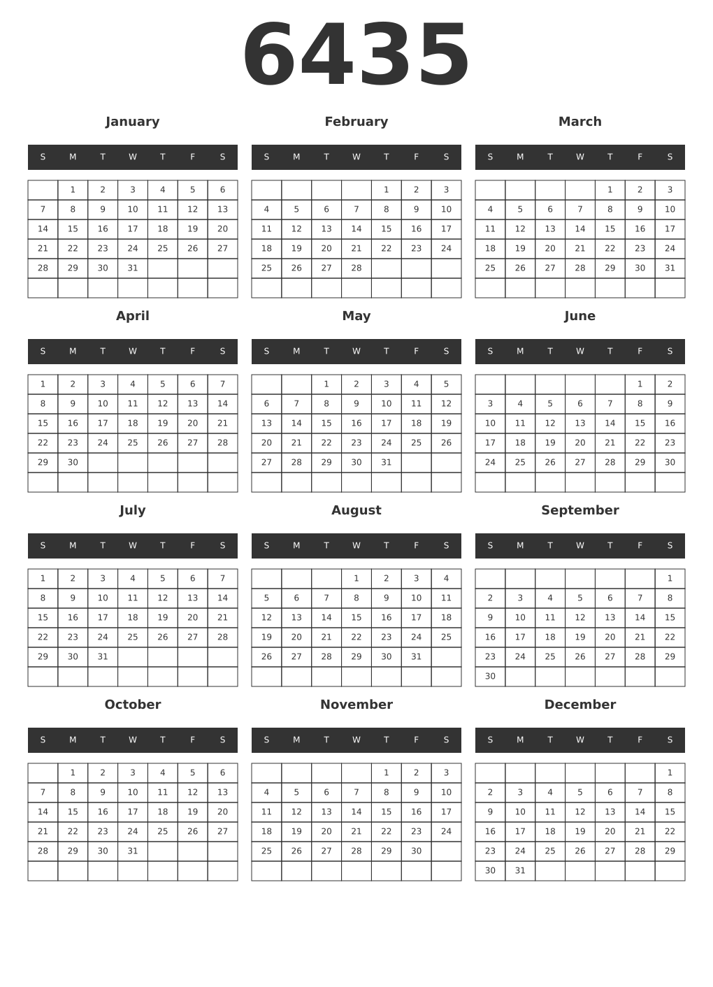 Printable 6435 Year Calendars dark