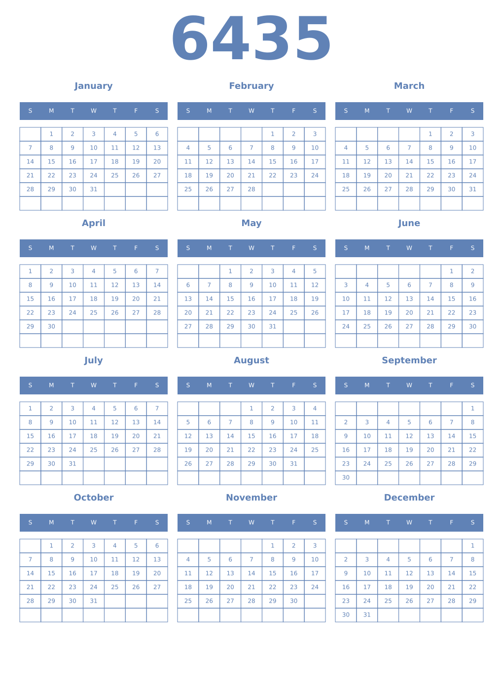 Printable 6435 Year Calendars glaucous