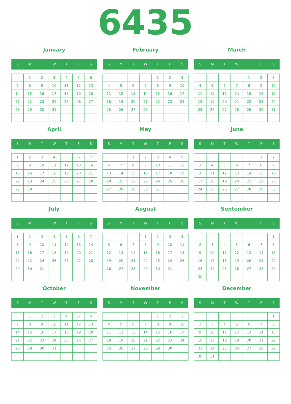 Printable 6435 Year Calendars green