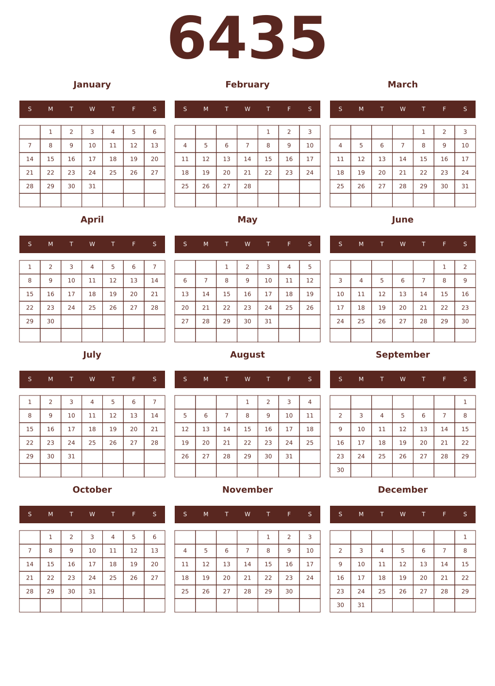 Printable 6435 Year Calendars mortuum