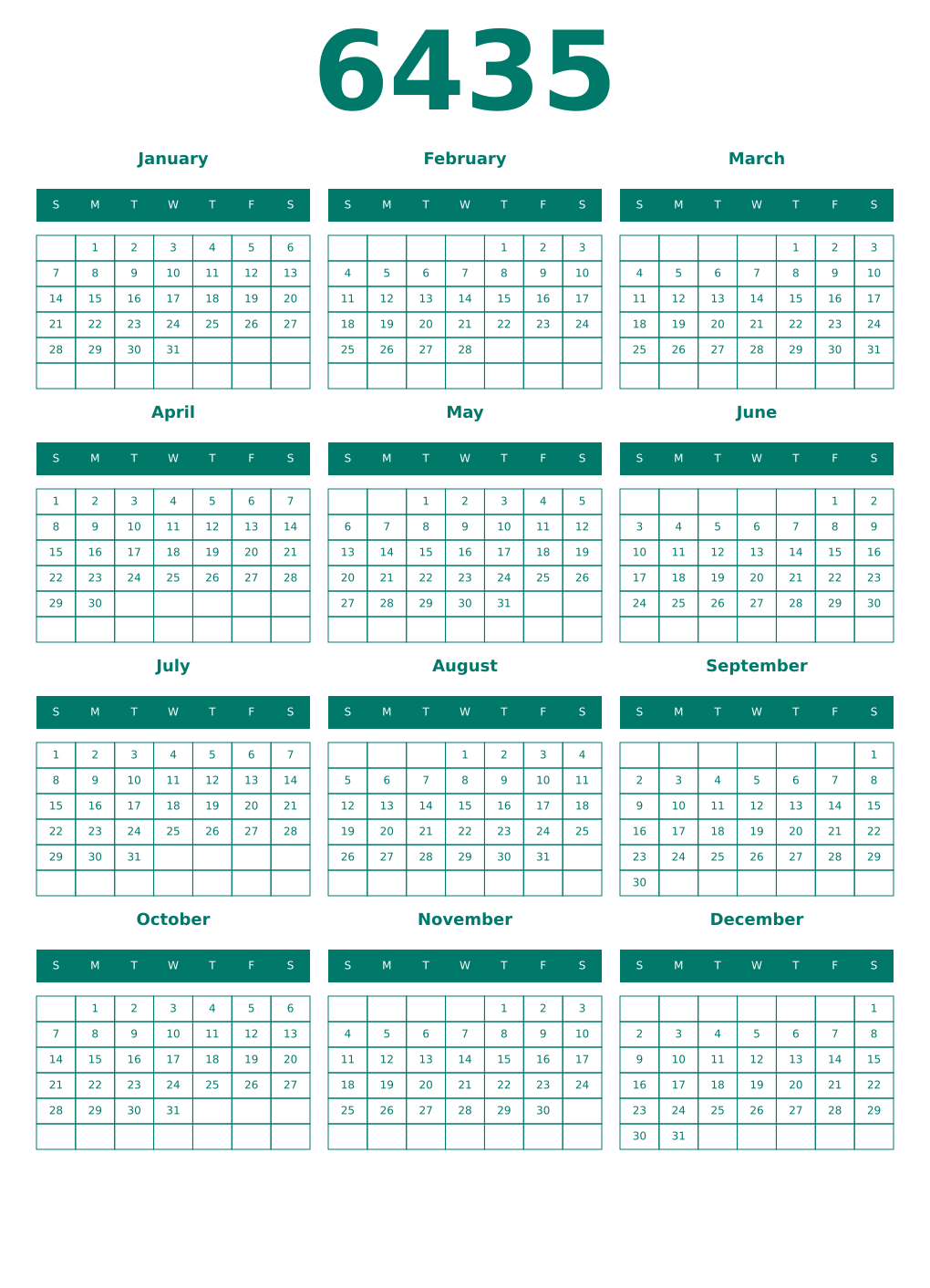 Printable 6435 Year Calendars pastel