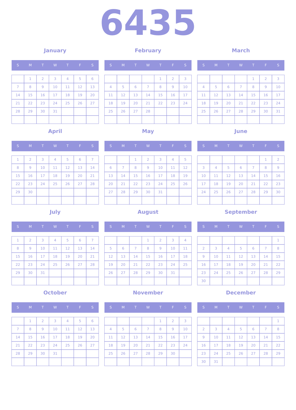 Printable 6435 Year Calendars periwinkle