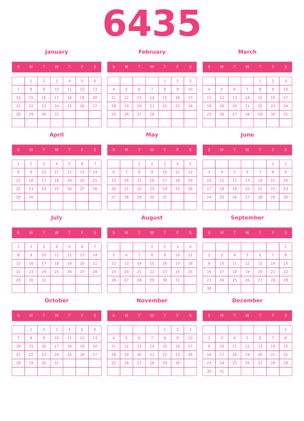 Printable 6435 Year Calendars pink