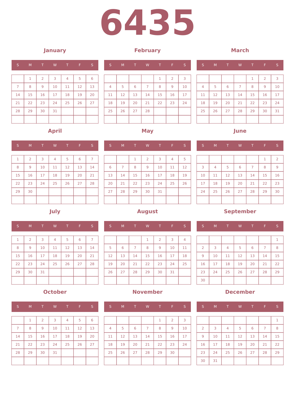 Printable 6435 Year Calendars puce