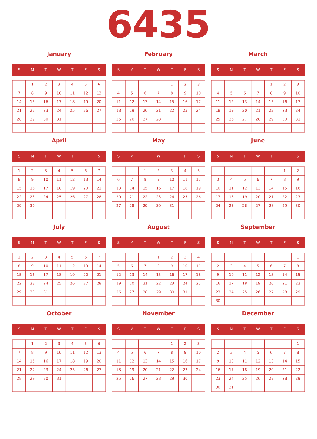 Printable 6435 Year Calendars red