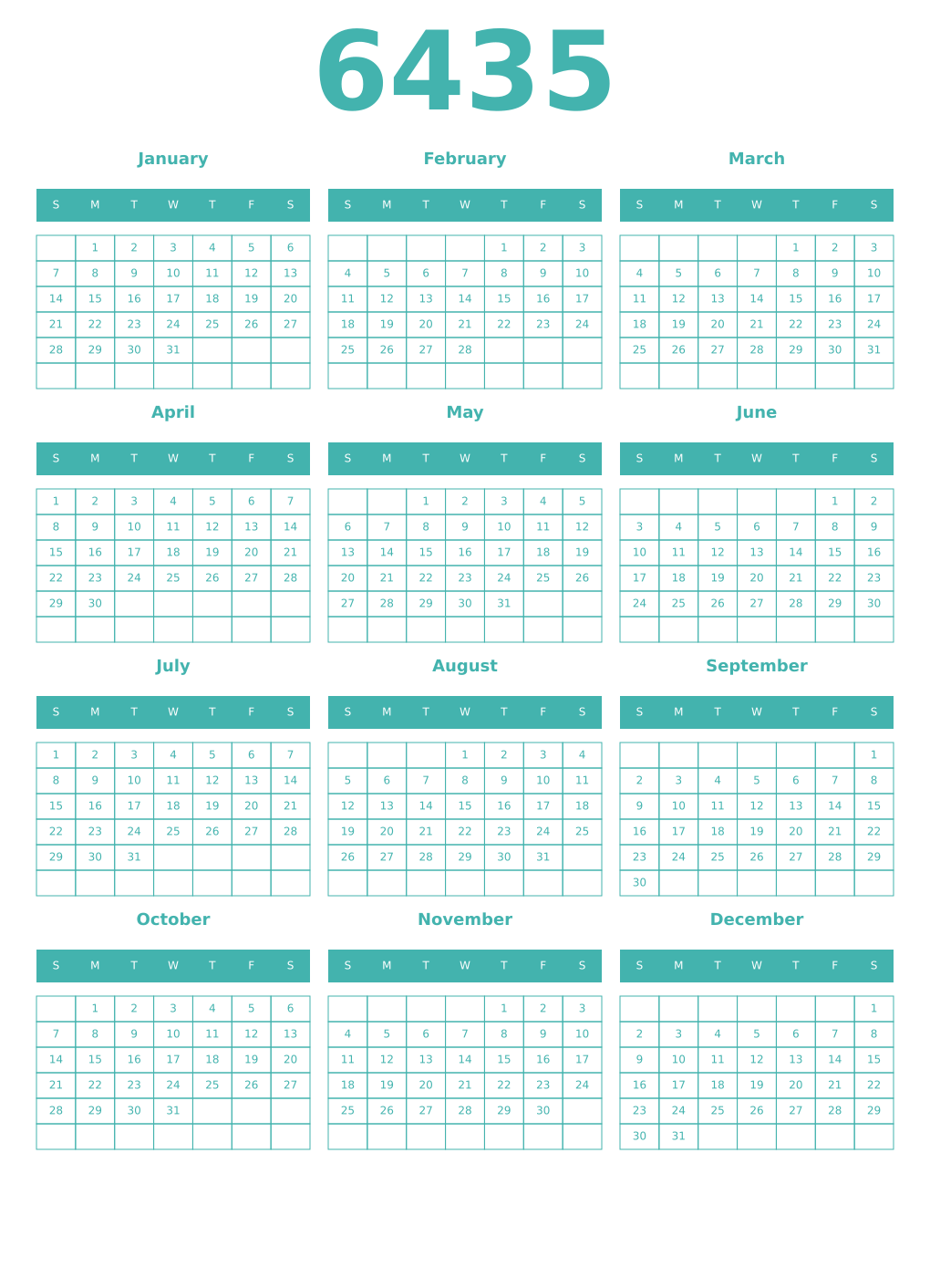 Printable 6435 Year Calendars verdigris