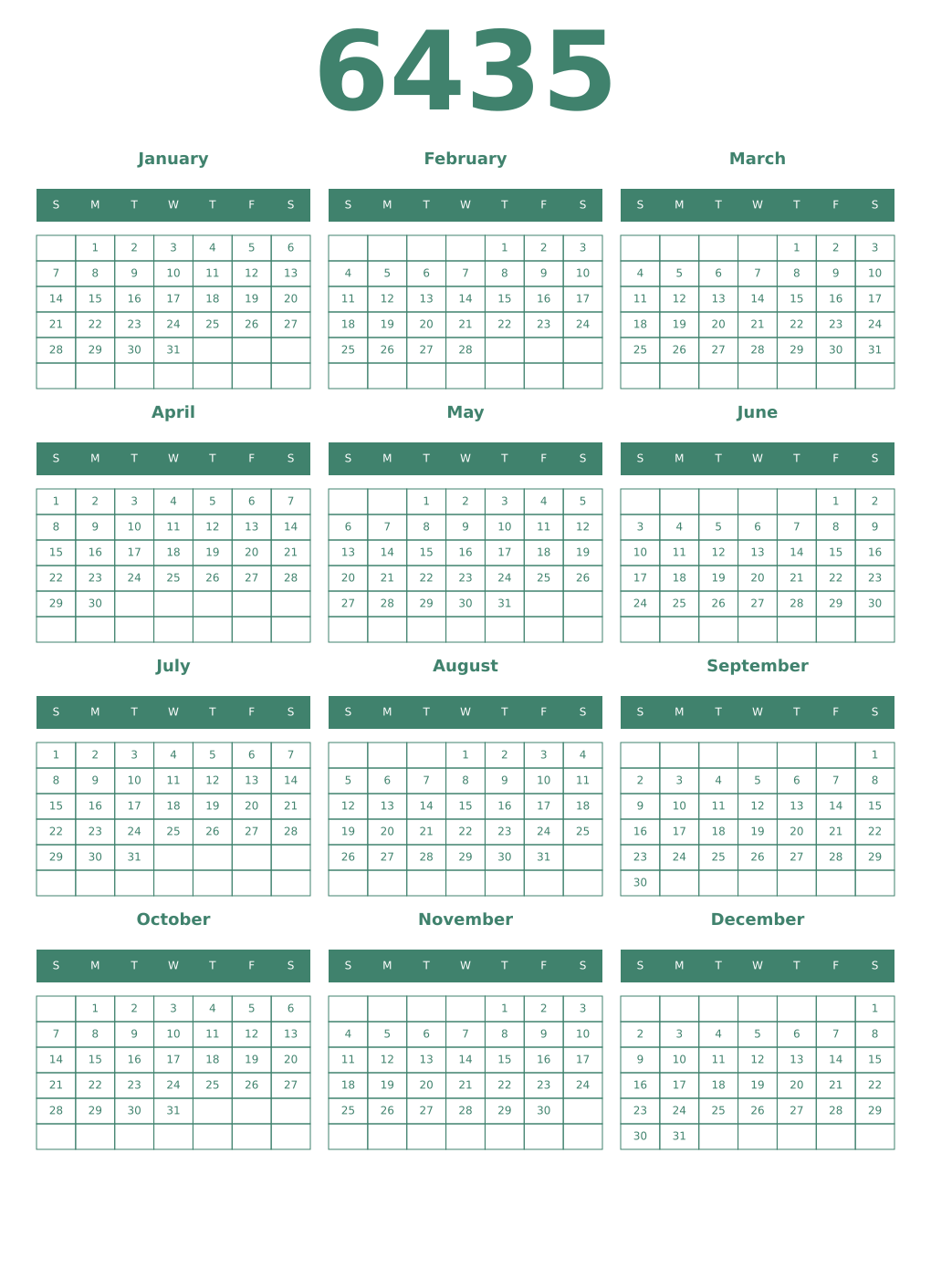 Printable 6435 Year Calendars viridian