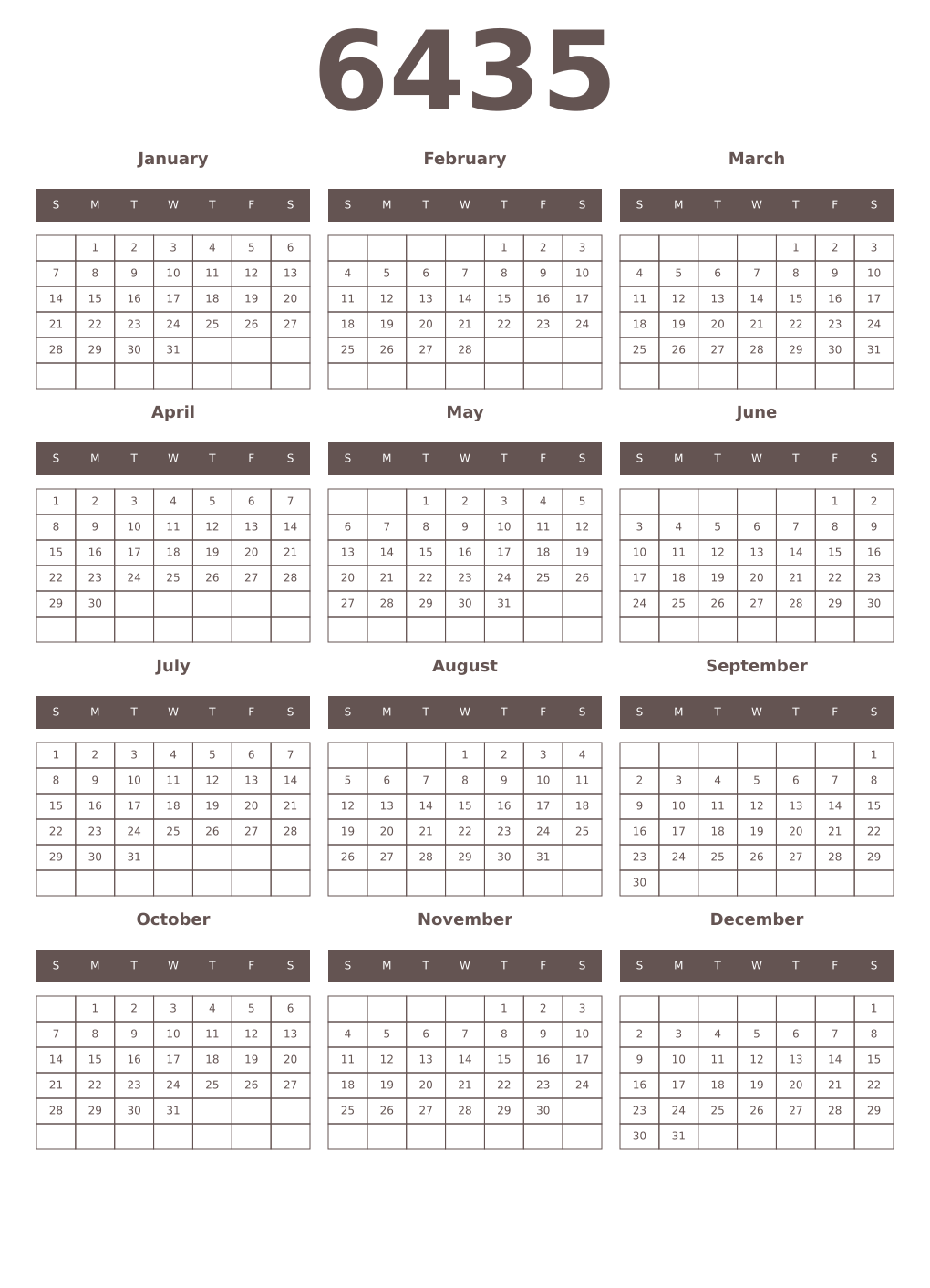 Printable 6435 Year Calendars wenge