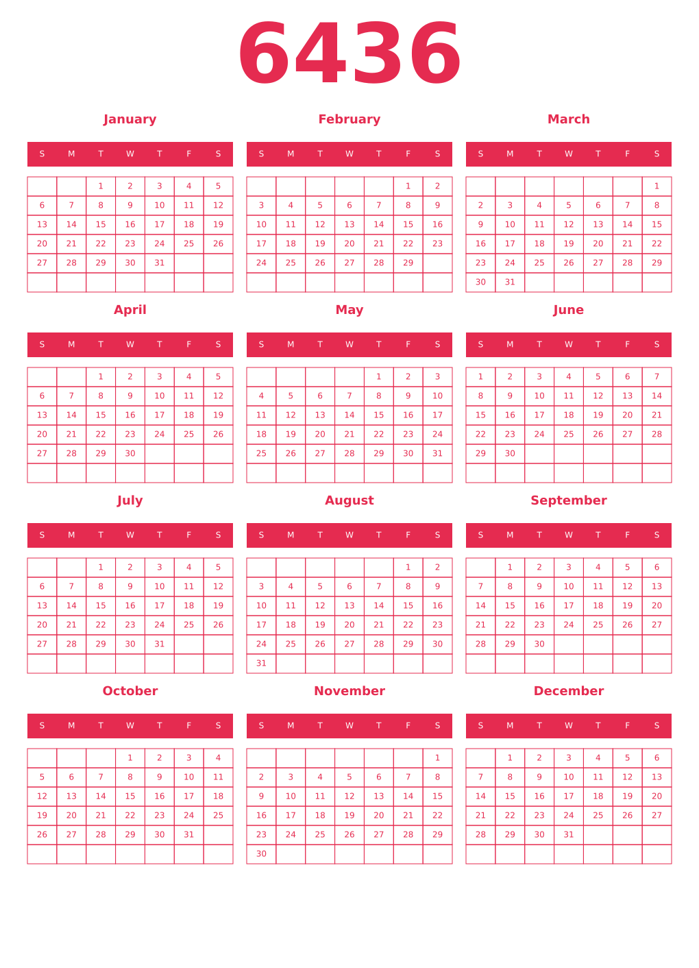Printable 6436 Year Calendars amaranth