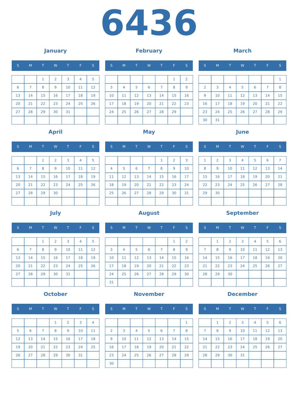 Printable 6436 Year Calendars blue
