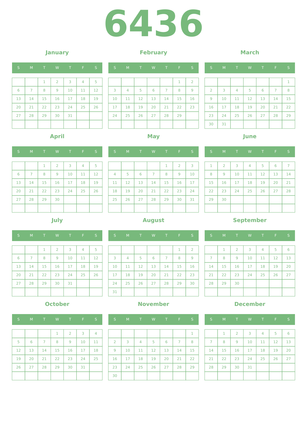 Printable 6436 Year Calendars celadon