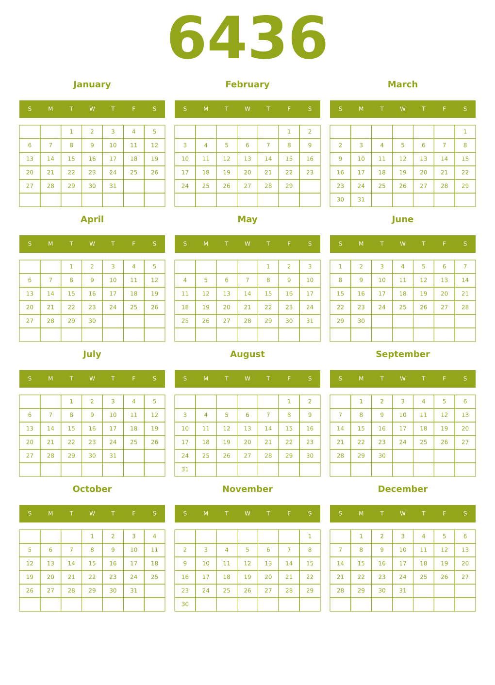 Printable 6436 Year Calendars chartreuse