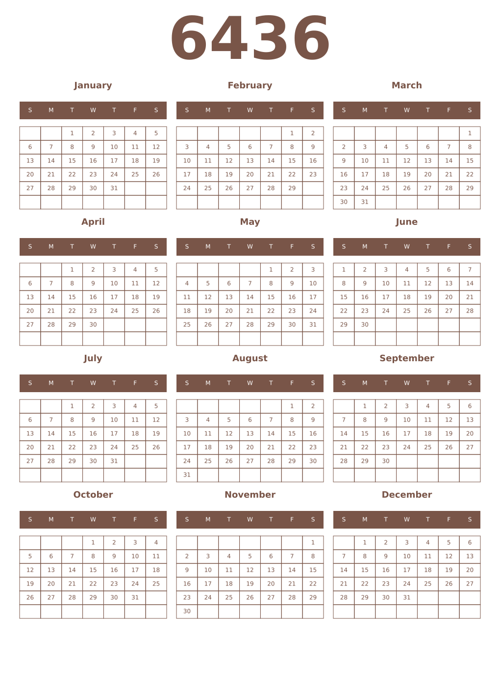 Printable 6436 Year Calendars coffe