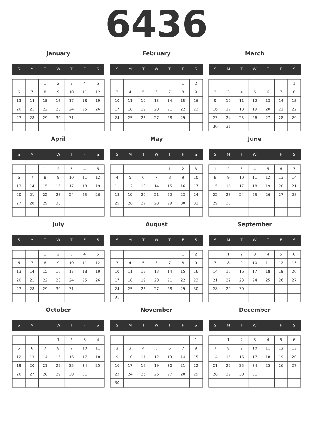 Printable 6436 Year Calendars dark